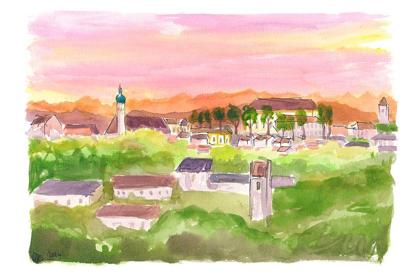 Etzenhausen Opper-Beieren Uitzicht op kasteel met oude stad en Alpen van Markus Bleichner