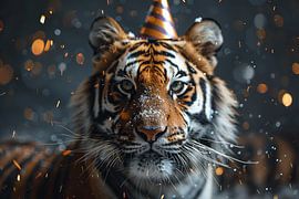 Tiger with birthday hat celebrates with confetti by Poster Art Shop