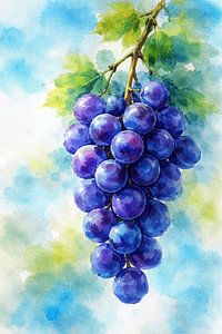 Grappe de raisin bleue sur une branche verte (IA) (raisins, vin, fruits, nature, vignoble)