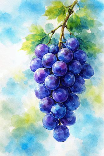 Blauwe druiventros aan groene tak (AI) (druiven, wijn, fruit, natuur, wijngaard)