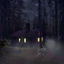 Verdwaald meisje in het bos met wolf van Danny van Vessem