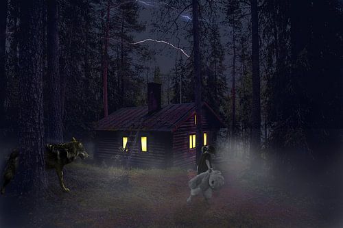 Verlorene Mädchen im Wald mit einem Wolf