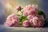 Pioenrozen stilleven – romantisch bloemenschilderij in zachte pasteltinten
