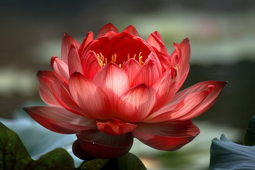 Lotus rouge à feuilles vertes en détail