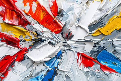 Abstract schilderij met levendige kleuren en dynamiek