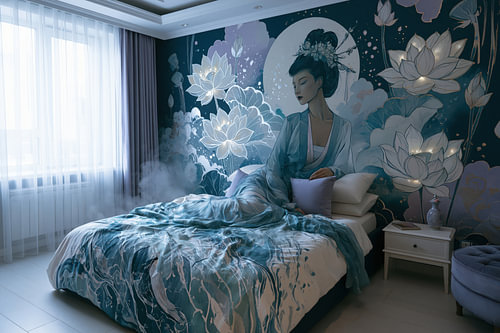 „Serene Lotusdroom“ – Japanische Eleganz in tiefem Indigo