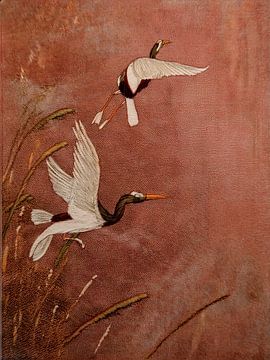 Traditionele Japandi Art: Reigers vliegen boven het riet