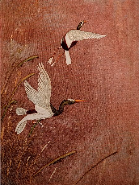 Traditionele Japandi Art: Reigers vliegen boven het riet van Studio Pieternel