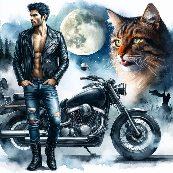 Homme avec moto et chat par Bernhard Karssies