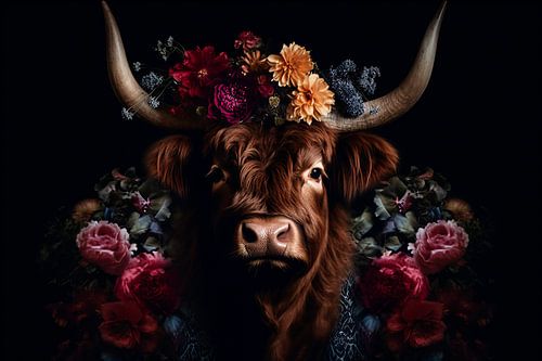 Scottish Highlander among floral displays