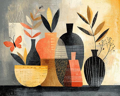 Bunte Vasen mit Pflanzen