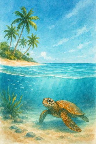 Turtle underwater at tropical beach with palm trees (AI) (summer, clear blue ocean, holiday)