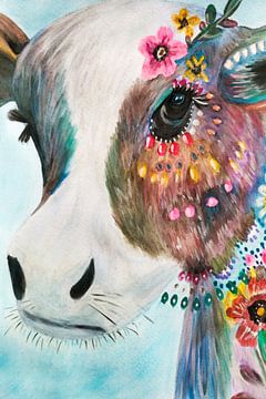 Kuh mit Blumen Abstraktes Aquarell von Art By Dominic