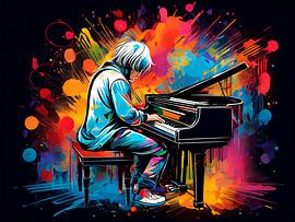 Œuvre d'art abstraite et colorée représentant un pianiste derrière son piano sur STUDIO ARTSY