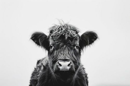 Portrait de bovin Highland en noir et blanc
