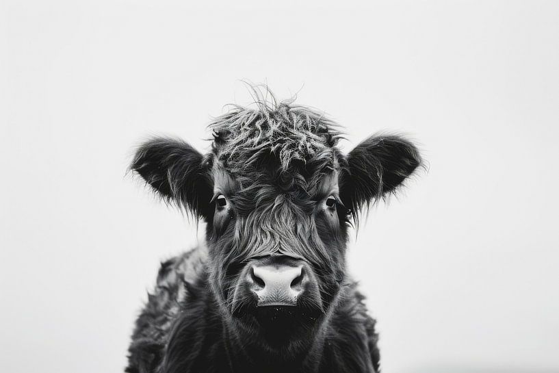 Highland cattle portrait in black and white by Poster Art Shop