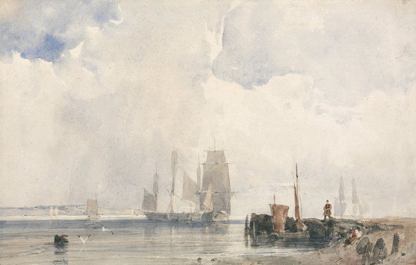 Shipping in an Estuary, Probably near Quilleboeuf, Richard Parkes Bonington by Masterful Masters