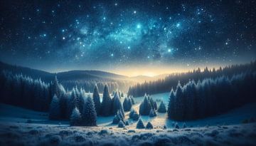 Sternenhimmel strahlt über frostigem Tannenwald von artefacti