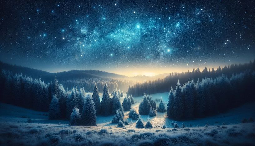 Starry sky shines over frosty pine forest by artefacti
