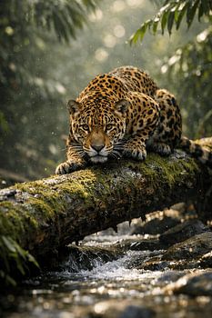 Jaguar dans la forêt tropicale humide, perché sur un tronc d'arbre – photo animalière puissante avec ambiance jungle et eau courante