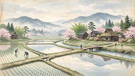 Spring Village Among Peaceful Japanese Rice Fields by my pixel art
