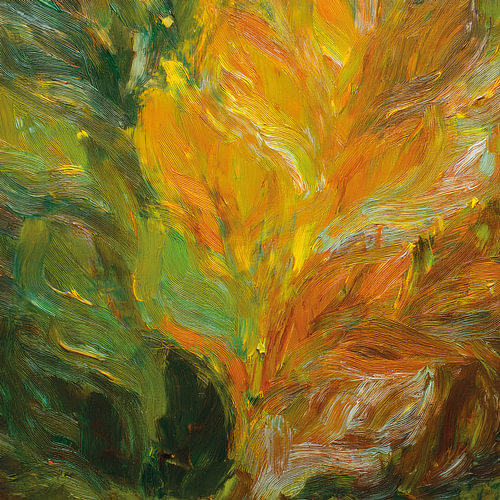 Œuvre abstraite dans les tons de vert, d'orange et de jaune