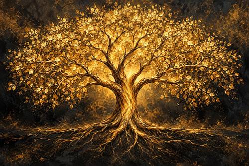 Painting of a golden tree of life on a black background
