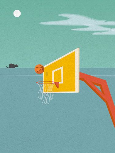 Minimal art Illustratie van schattige kat en basketbal bal