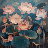 Lotus flowers pink-blue vintage