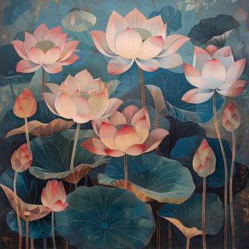 Lotus bloemen roze-blauw vintage van TheXclusive Art