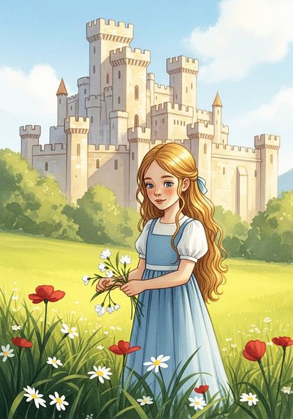 Girl Holding Flowers in Meadow with Castle Backdrop by Markus Gann
