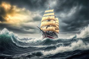 A three-master under sail on a fierce sea. by Harry Stok