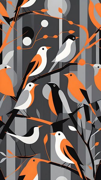 Orangefarbene Vögel im modernen Grafikdesign von Bart Veeken