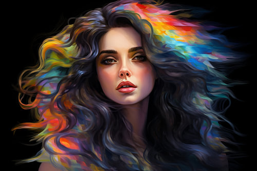 Jeune femme aux longs cheveux aux couleurs de l'arc-en-ciel, portrait haut en couleur
