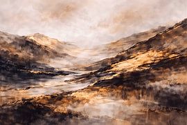 Paysage montagneux abstrait dans des tons dorés, bruns et beiges