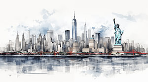 New Yorker Panorama-Aquarell auf weißem Hintergrund, Farb Kunst Design