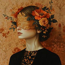 Femme fleurs | Femme masque d'or sur Peintures accrocheuses