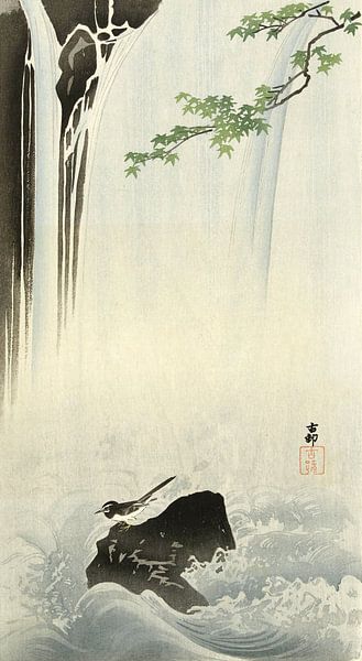 Japanese wagtail at Ohara Koson waterfall - 1900 - 1930 by Gave Meesters