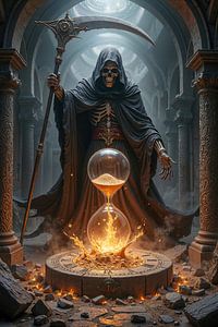 Dark Fantasy Wandbild: CHRONOMORTIS - Grim Reaper mit einer Sanduhr bei einem Ritual