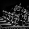 Oude schaakstukken op schaakbord van Danny den Breejen