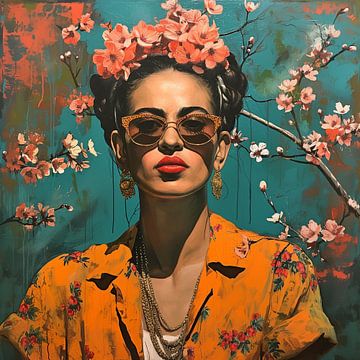Frida in ochre with pink cherry blossomsby Bianca ter Riet
