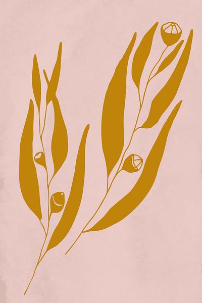Moderne botanische kunst. Eucalyptustakje in donkergeel op roze van Dina Dankers