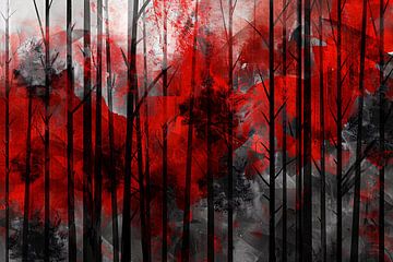 Abstract boslandschap met rode en zwarte kleuren van De Muurdecoratie