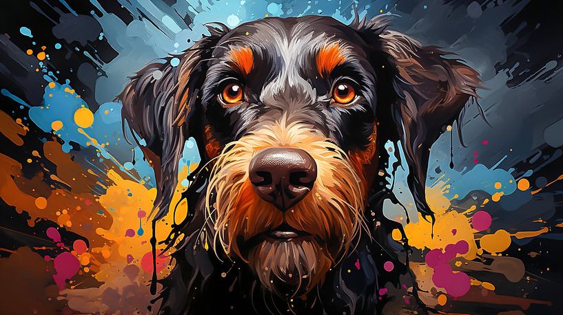 Gemälde eines Schnauzer-Hundegesichts mit bunten Farbspritzern von Animaflora PicsStock