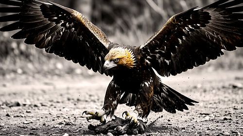 Fotowanddecoratie met een majestueuze landende steenarend – Een woeste roofvogel in actie