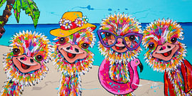 Fun on the beach with the Ostriches by Happy Paintings / Renata Rolefes Art