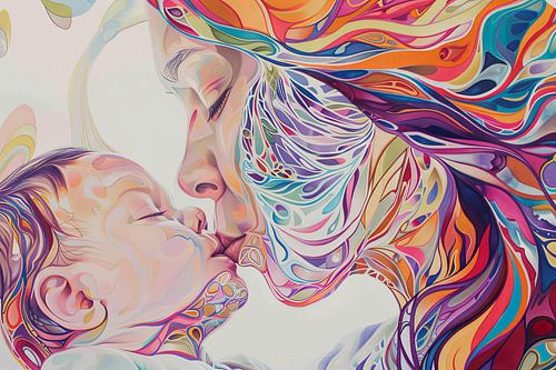 Digitaal abstract schilderachtig portret fictieve vrouw en kind