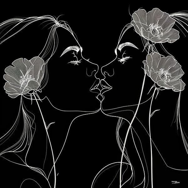 Strichzeichnung einer Frau mit einer Blume von Gelissen Artworks