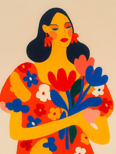 Portrait moderne et coloré d'une femme avec des fleurs dans des tons vifs et expressifs