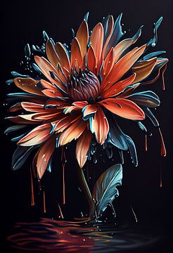 Fleur prise dans l'eau avec de la peinture acrylique et du floetrol sur Harry Stok
